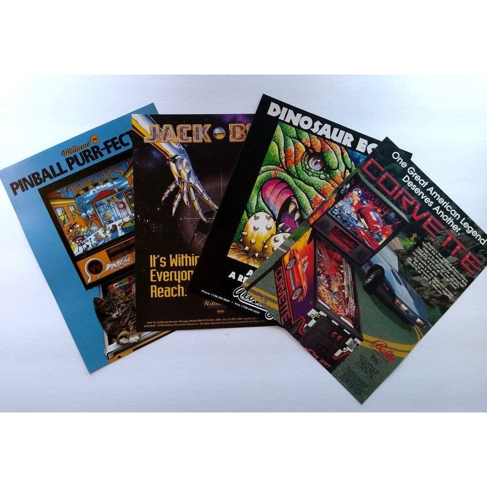 Pinball FLYERS Lot Of 4 Corvette Dinosaur Eggs Jackbot Bad Cats Original Vintage